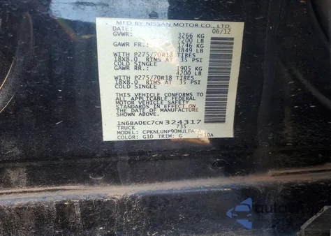 2012 Nissan Titan S z USA, uszkodzony, nr VIN 1N6BA0EC7CN324317